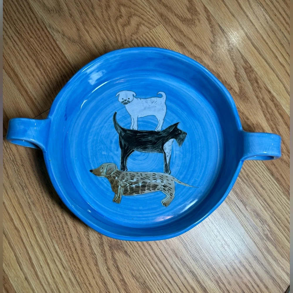 Anthropologie , Gemma Orkan Handpainted Blue with Handles Dog Dish,With 3 Dogs